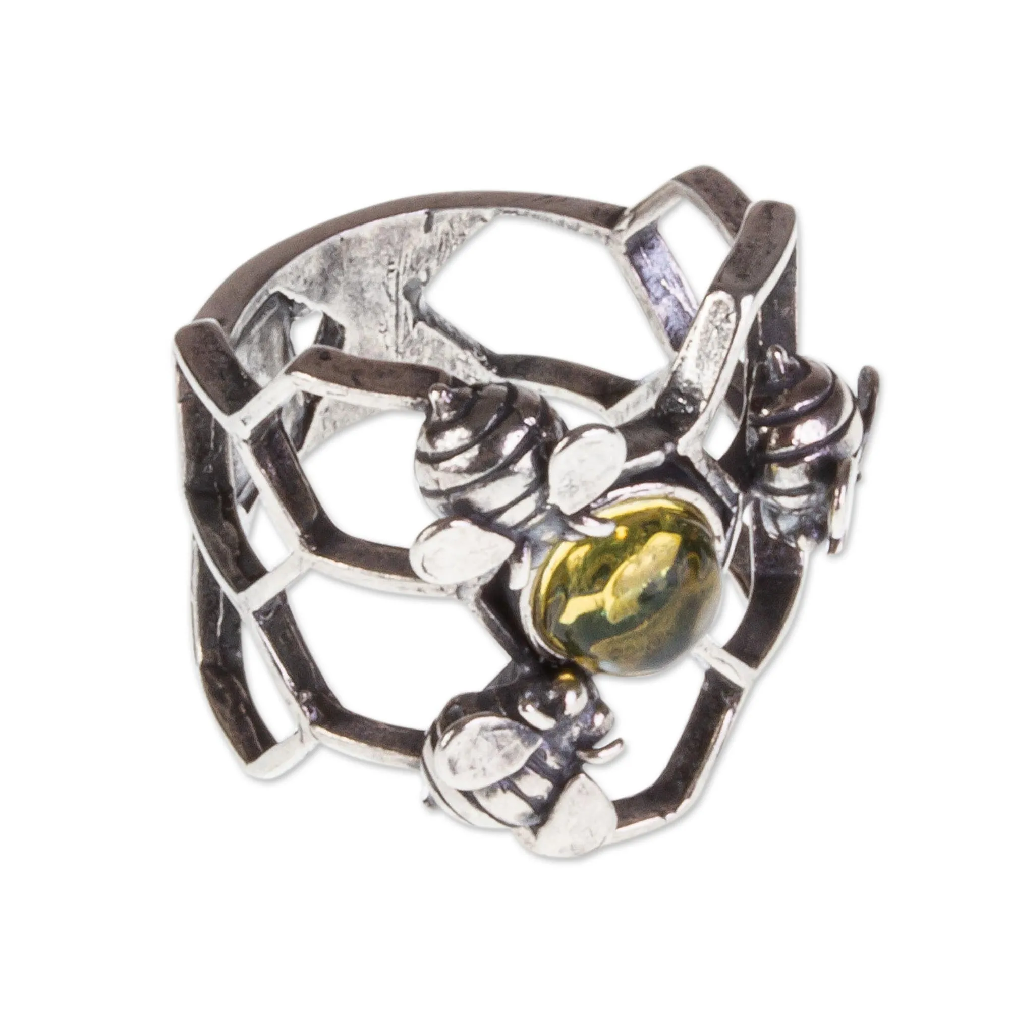 Amber and Sterling Silver Bee Cocktail Ring from Mexico - Glowing Honey | NOVICA