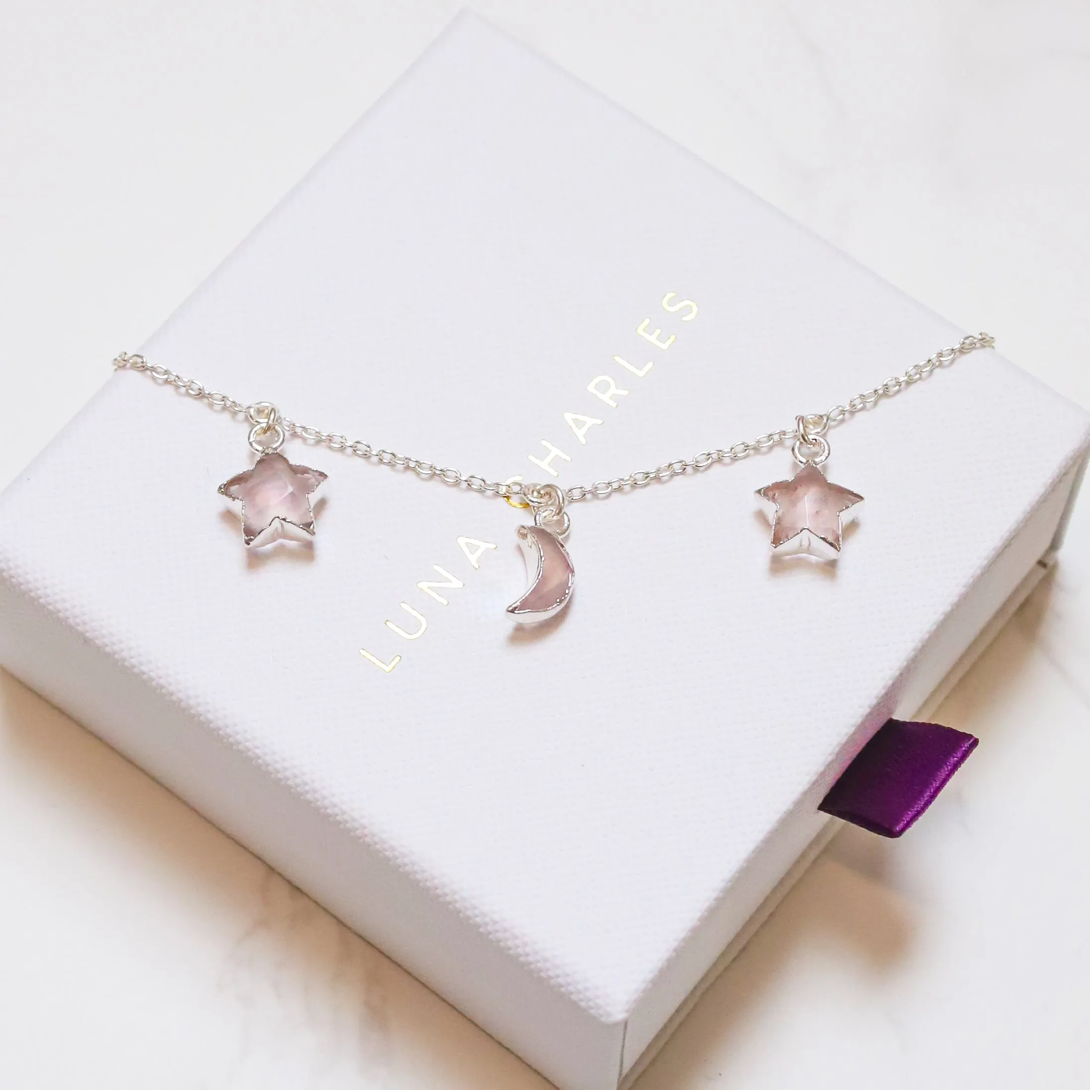 Amelia Rose Quartz Star & Moon Charm Bracelet | 925 Sterling Silver