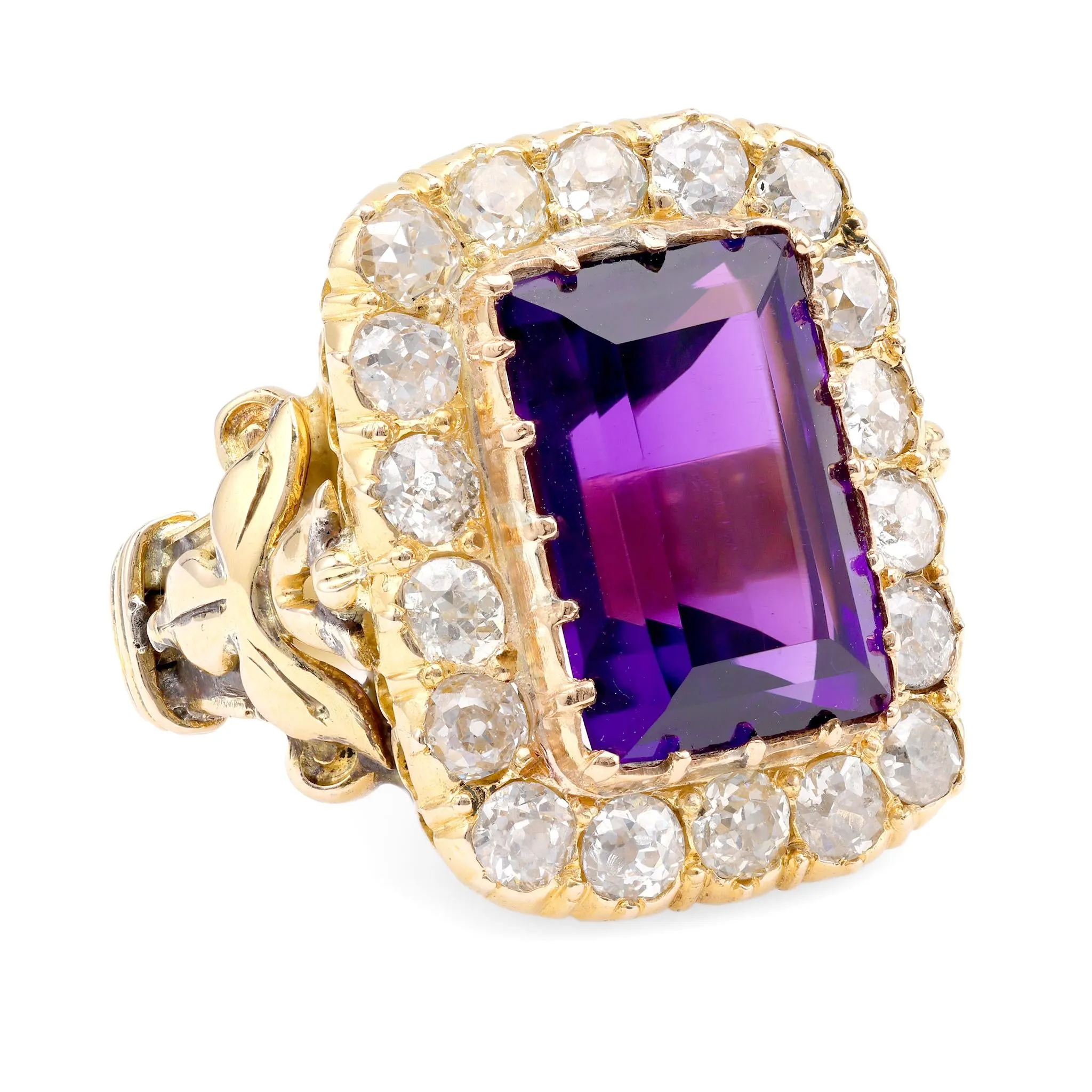 Antique 7.5 Carat Emerald Cut Amethyst Diamond 18K Yellow Gold Cocktail Ring