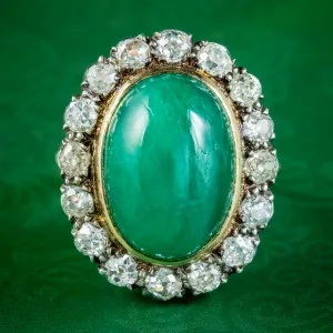 Antique Victorian Emerald Diamond Cluster Ring 11ct Cabochon Emerald