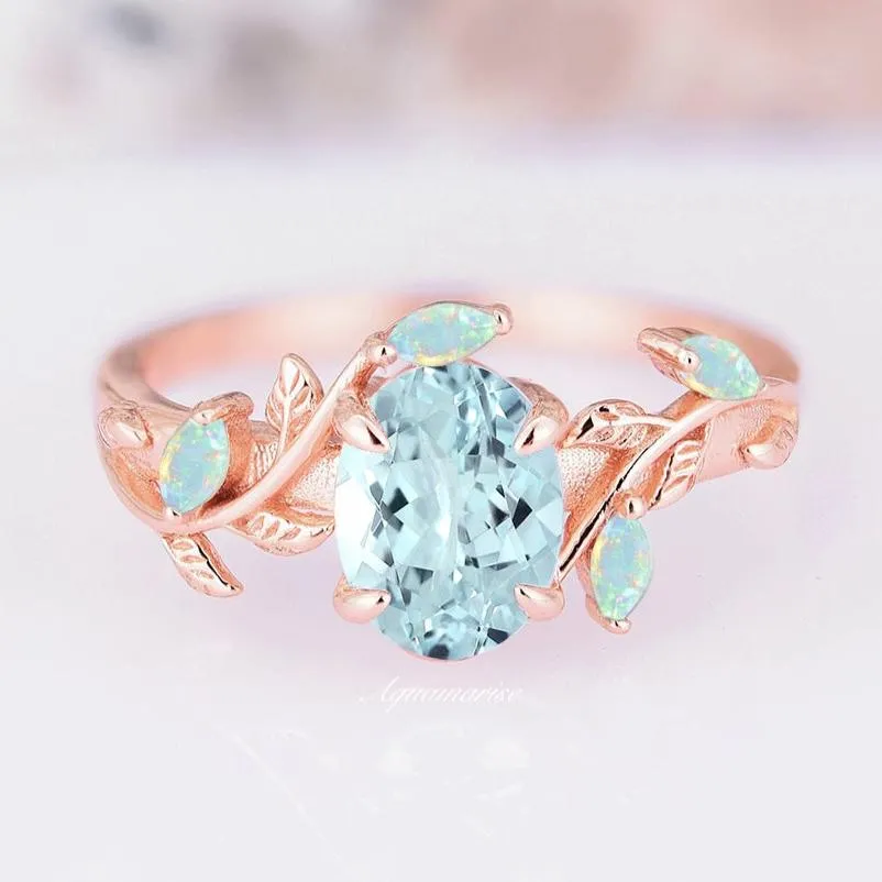 Aquamarine & Australian Opal Leaf Engagement Ring- 14K Rose Gold Vermeil