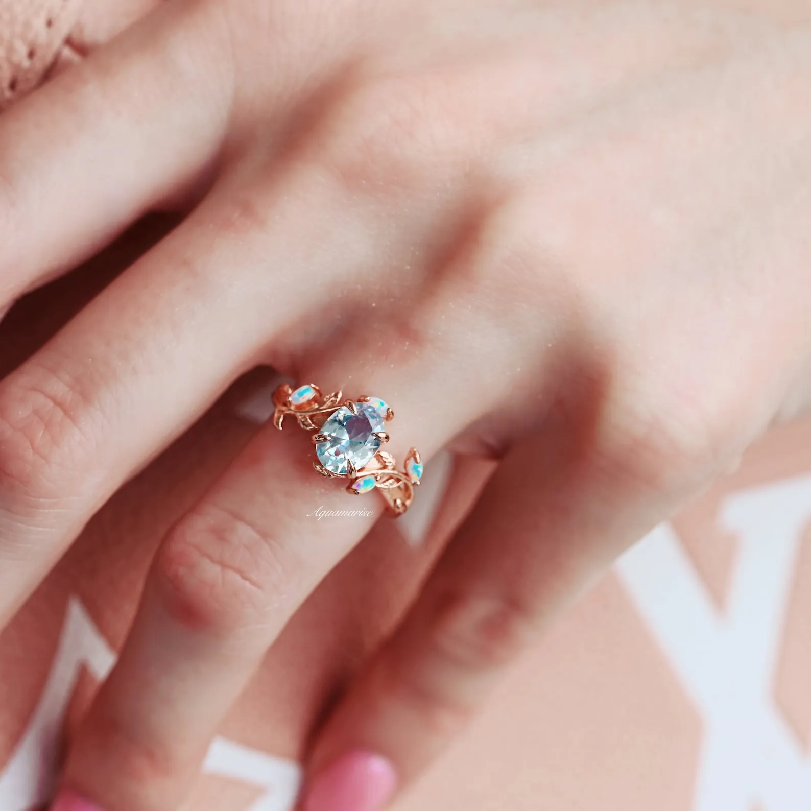 Aquamarine & Australian Opal Leaf Engagement Ring- 14K Rose Gold Vermeil