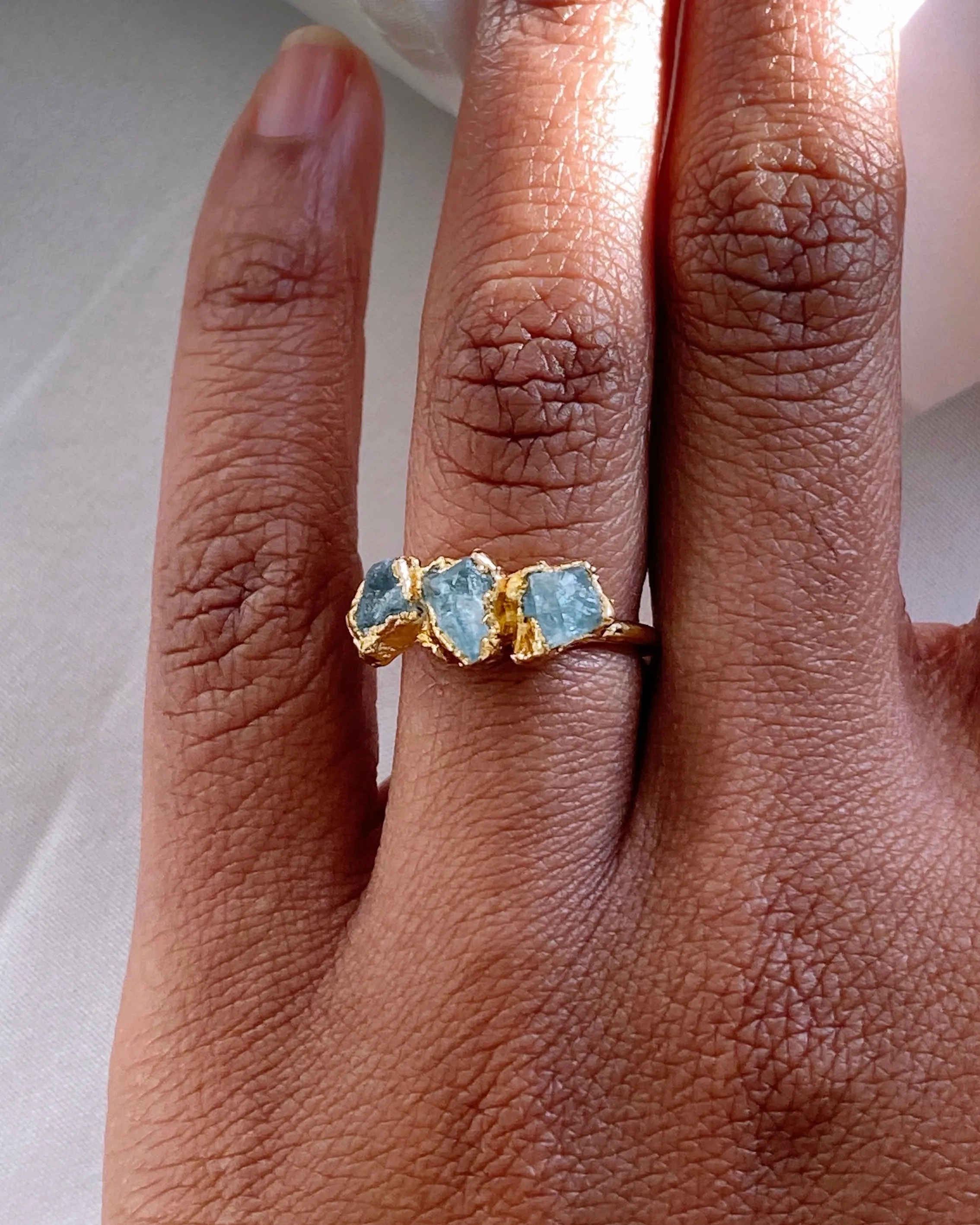 Aquamarine Raw Tri-Stone Ring