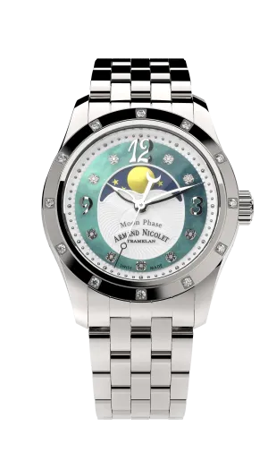 Armand Nicolet Ladies Watch M03 Moonphase 34mm Silver Green A151RAA-AV-MA150