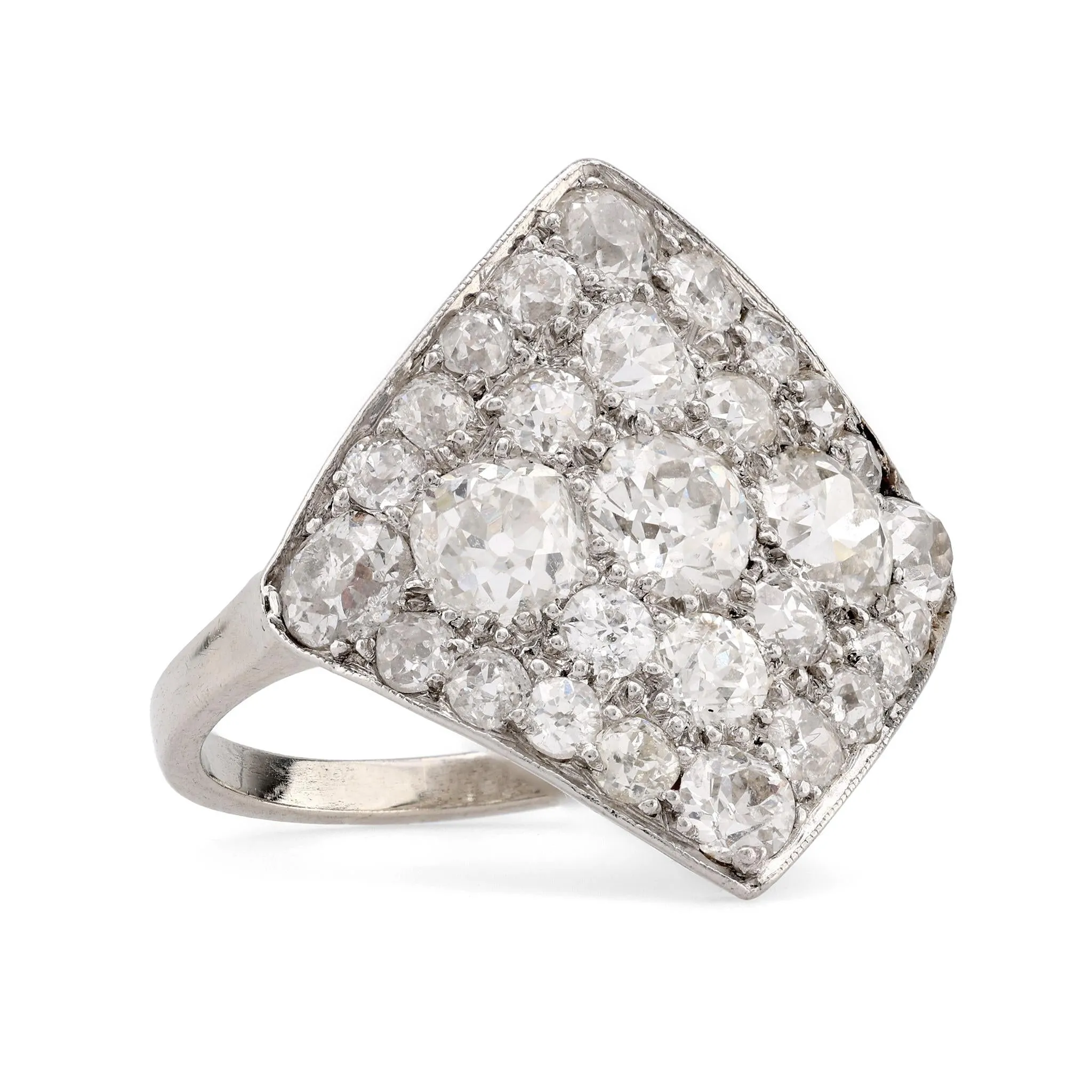 Art Deco 4.2 Carat Total Weight Diamond Platinum Shield Shape Ring