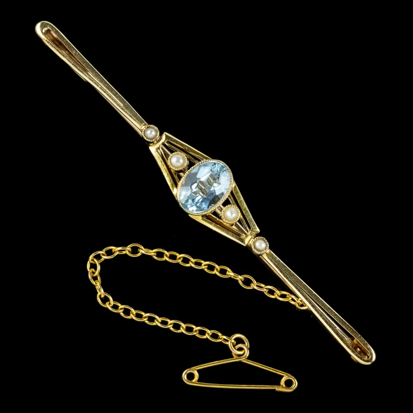 Art Deco Aquamarine Pearl Bar Brooch 15ct Gold Circa 1920