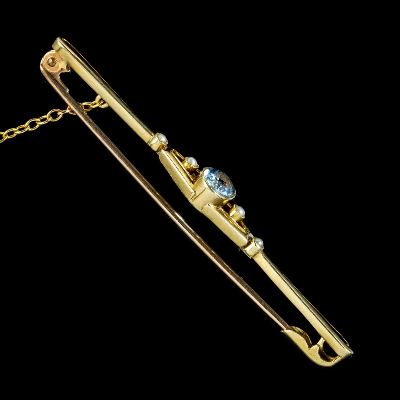 Art Deco Aquamarine Pearl Bar Brooch 15ct Gold Circa 1920