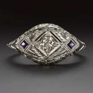 ART DECO DIAMOND SAPPHIRE RING 18k WHITE GOLD VINTAGE FLORAL DOME COCKTAIL 1920s