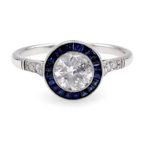 Art Deco Inspired 0.81 Carat Diamond Sapphire Platinum Target Ring