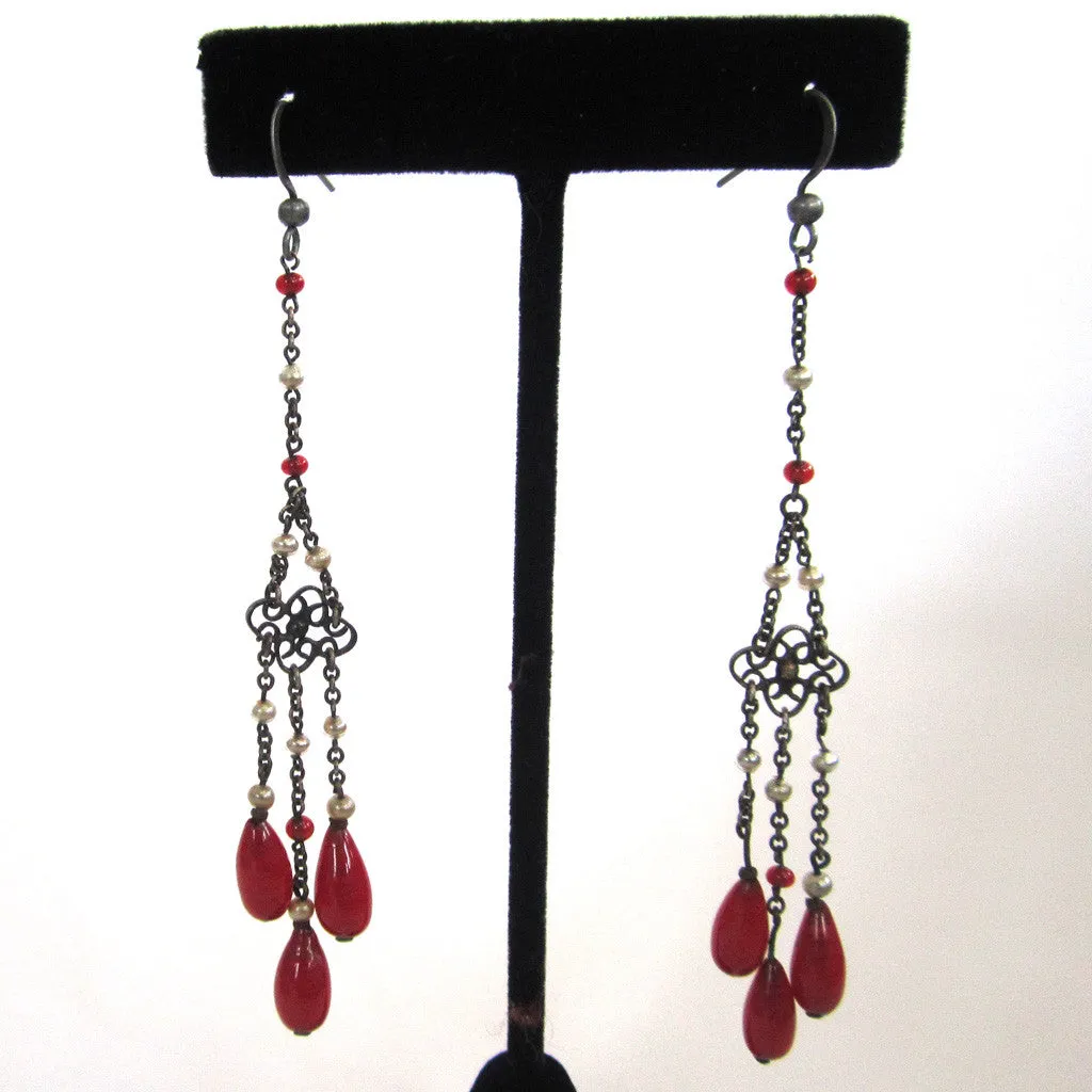 Art Deco Sterling Silver Red Glass & Faux Pearl Earrings