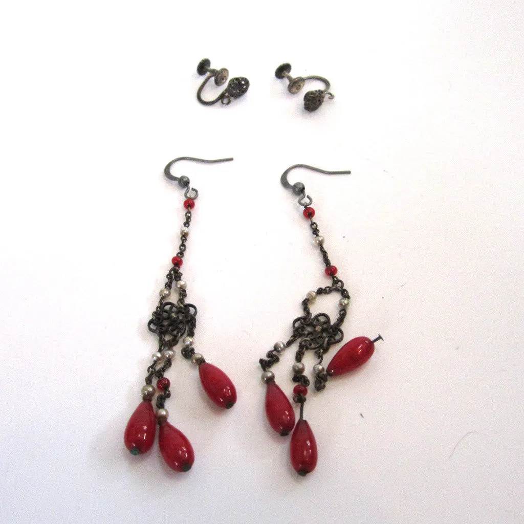 Art Deco Sterling Silver Red Glass & Faux Pearl Earrings