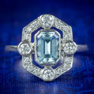 Art Deco Style Aquamarine Diamond Cluster Ring 1ct Aqua