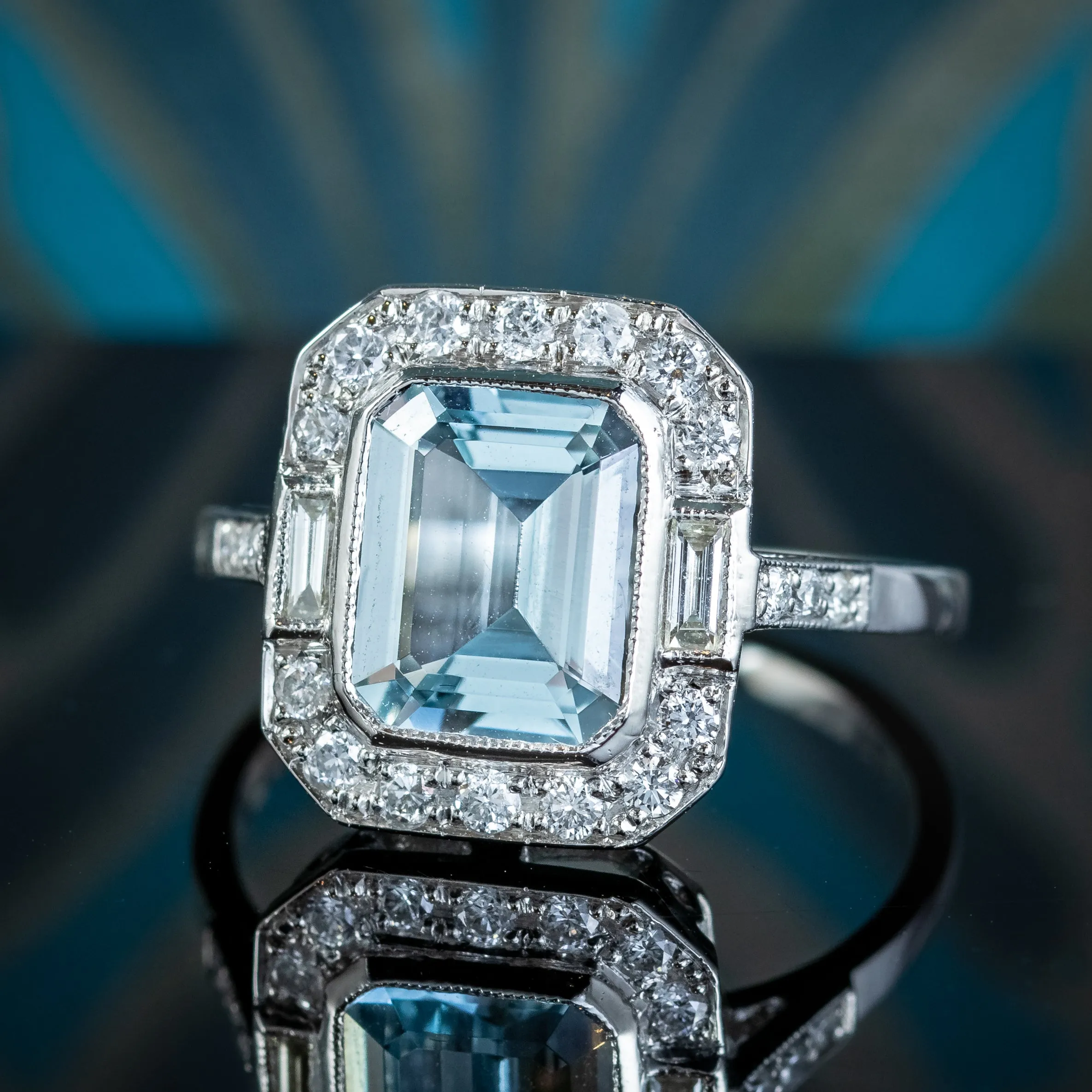 Art Deco Style Aquamarine Diamond Ring 3ct Aqua