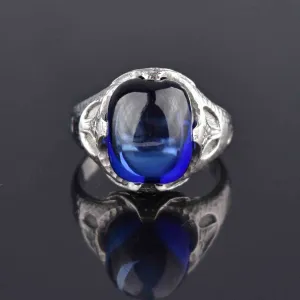 Art Deco Sugarloaf Cabochon Sapphire Ring 14K White Gold