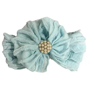 Baby Blue Ruffled Headband with Pearl & Rhinestone Center