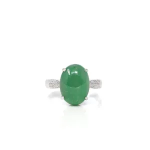 Baikalla 18k White Gold Natural Imperial Green Oval Jadeite Jade Engagement Ring With Diamonds