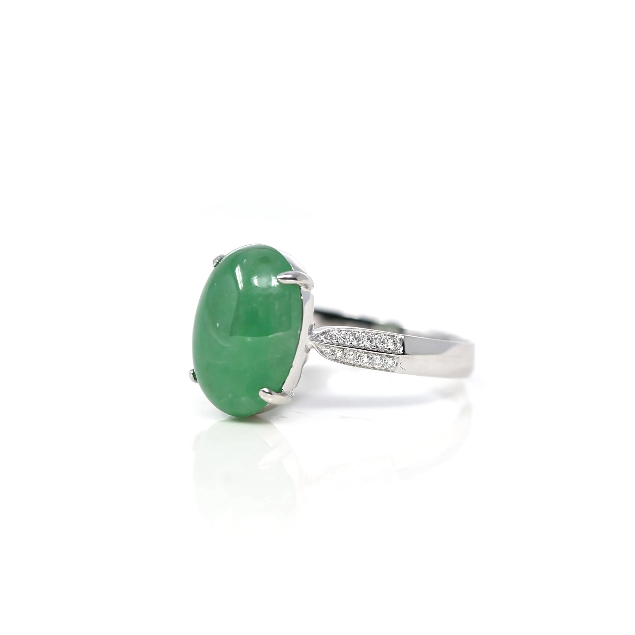 Baikalla 18k White Gold Natural Imperial Green Oval Jadeite Jade Engagement Ring With Diamonds