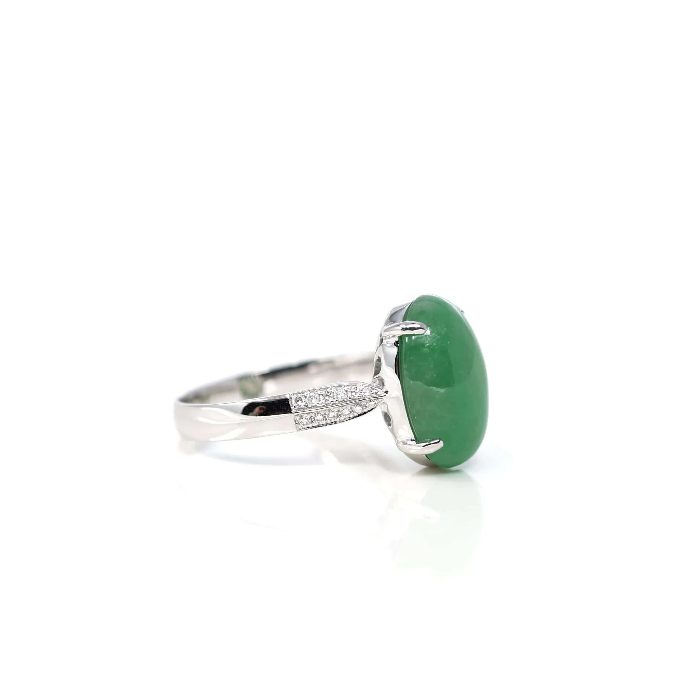 Baikalla 18k White Gold Natural Imperial Green Oval Jadeite Jade Engagement Ring With Diamonds