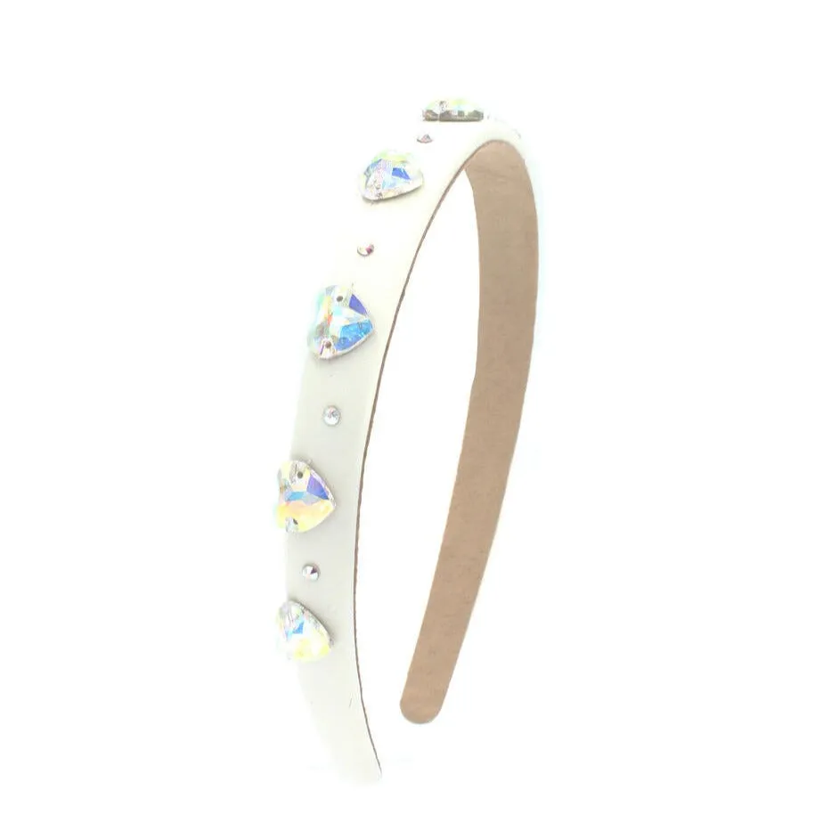 Bari Lynn Thin Satin Jeweled Hearts Headband - White