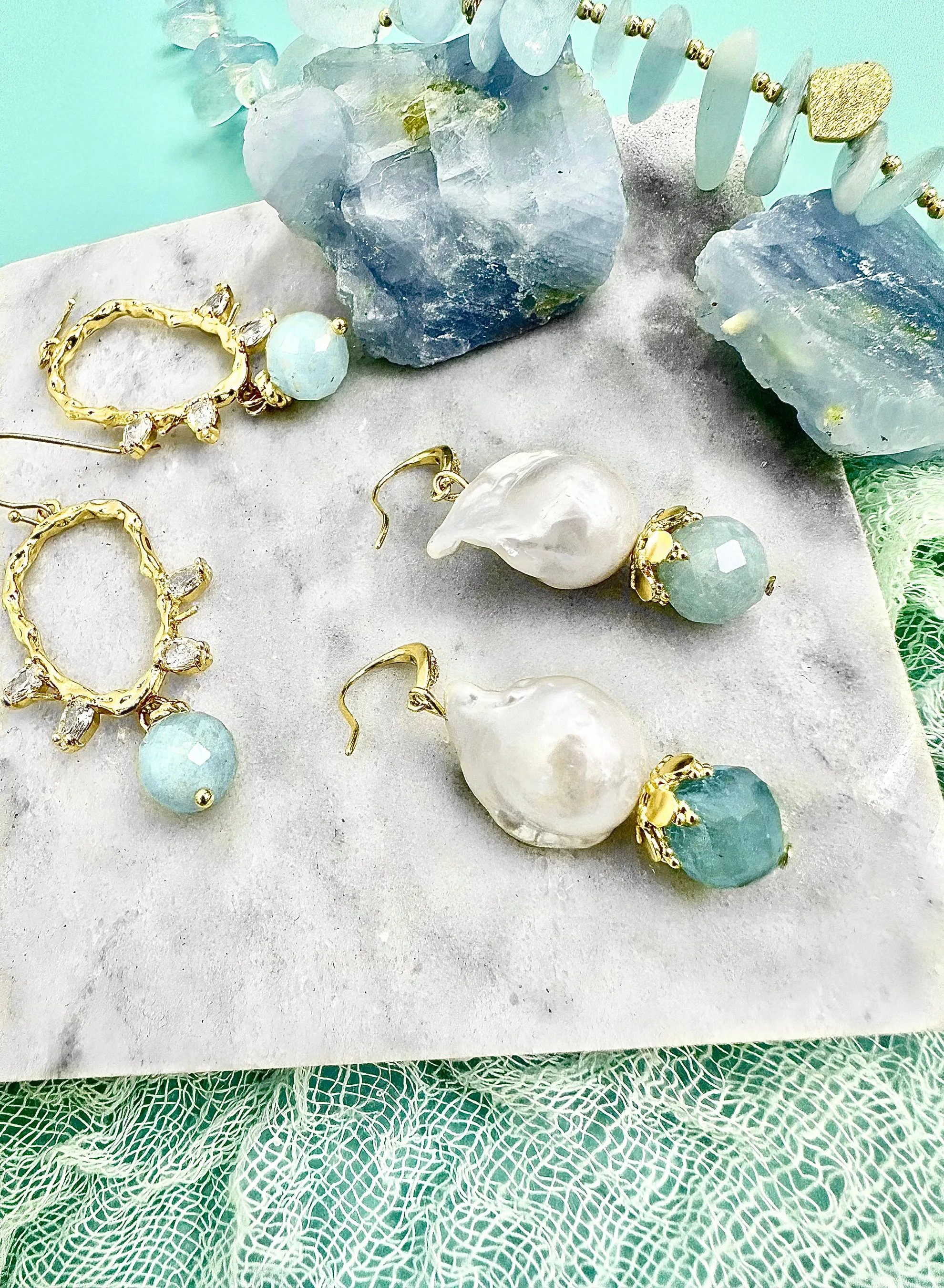 Baroque Pearl With Aquamarine Dangle Earrings JE033