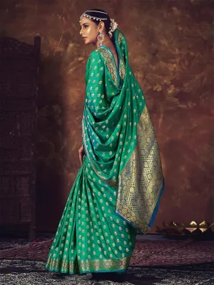 Beautiful Emerald Green & Blue Woven Jari Work Silk Saree