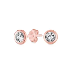 Bezel-Set Round Cubic Zirconia Stud Earrings CZ Real 14K Rose Gold