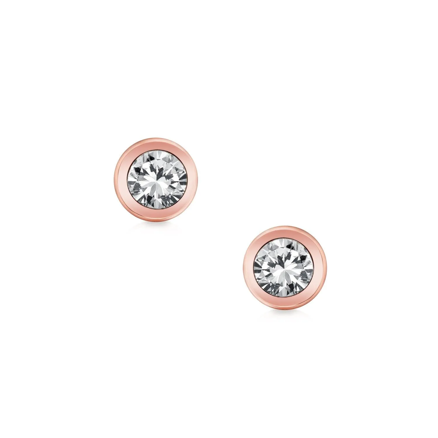 Bezel-Set Round Cubic Zirconia Stud Earrings CZ Real 14K Rose Gold