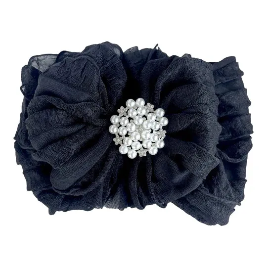 Black Ruffled Headband w/Pearl & Rhinestone