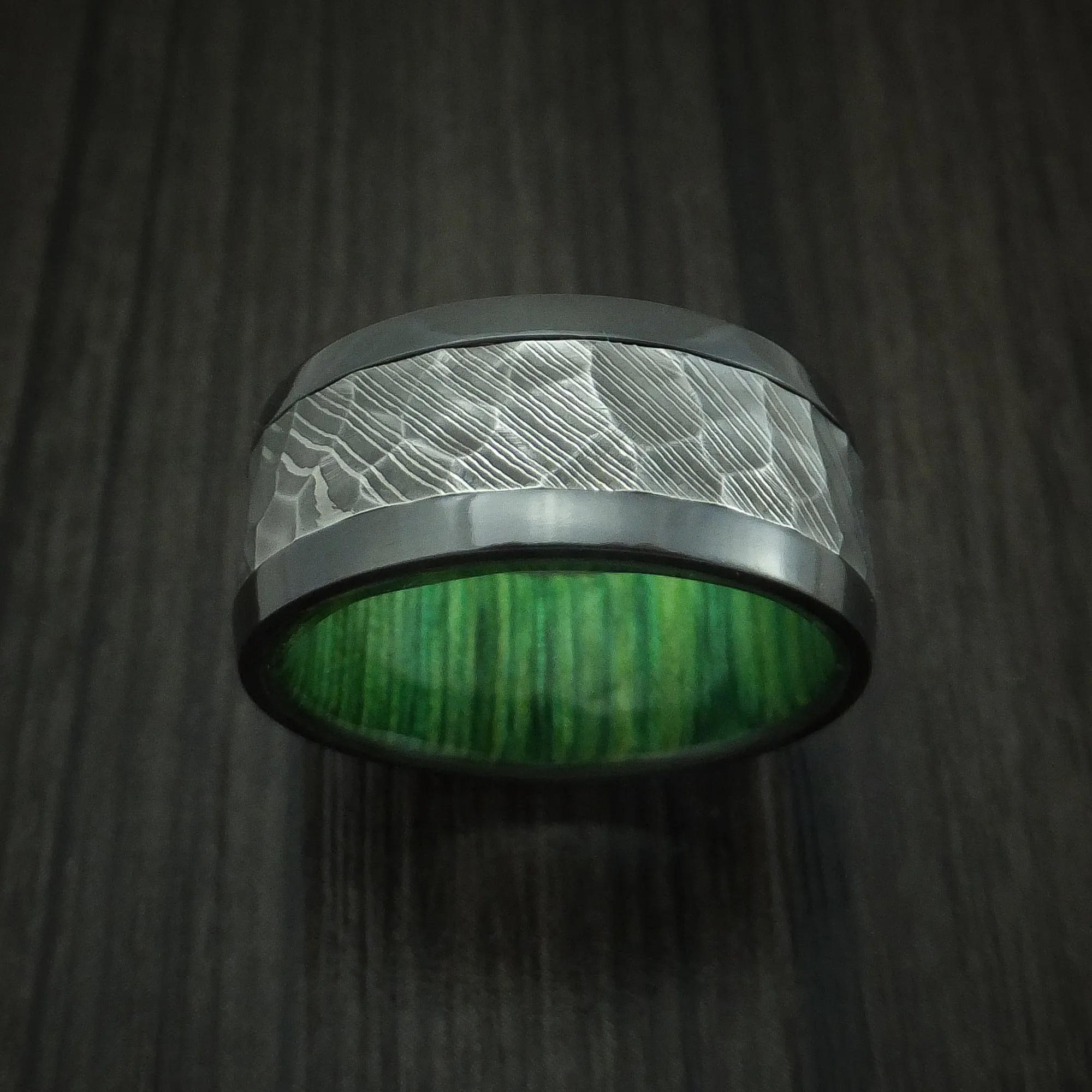 Black Titanium and Hammered Damascus Steel Band with Hardwood Sleeve Custom Made Men's Ring