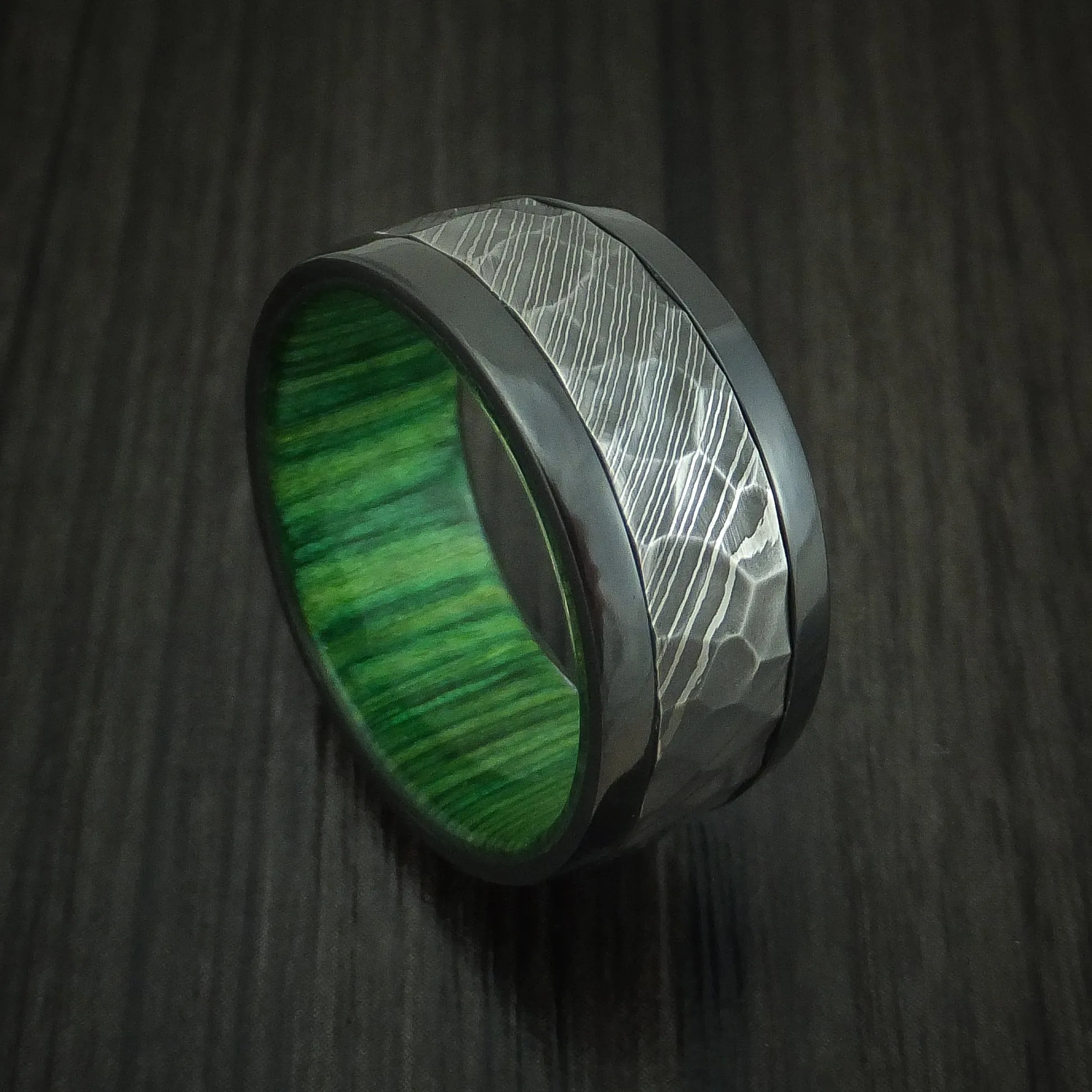 Black Titanium and Hammered Damascus Steel Band with Hardwood Sleeve Custom Made Men's Ring