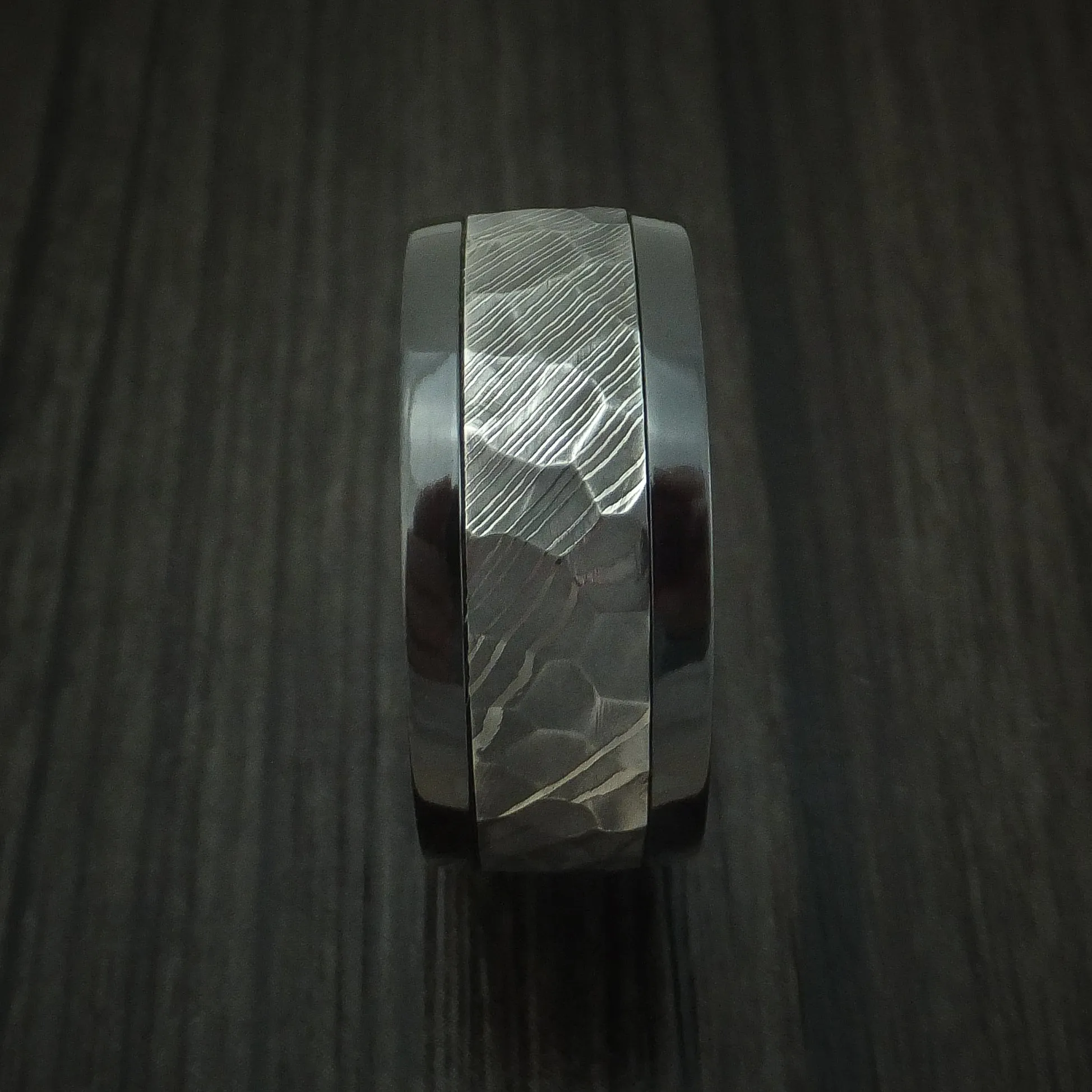 Black Titanium and Hammered Damascus Steel Band with Hardwood Sleeve Custom Made Men's Ring