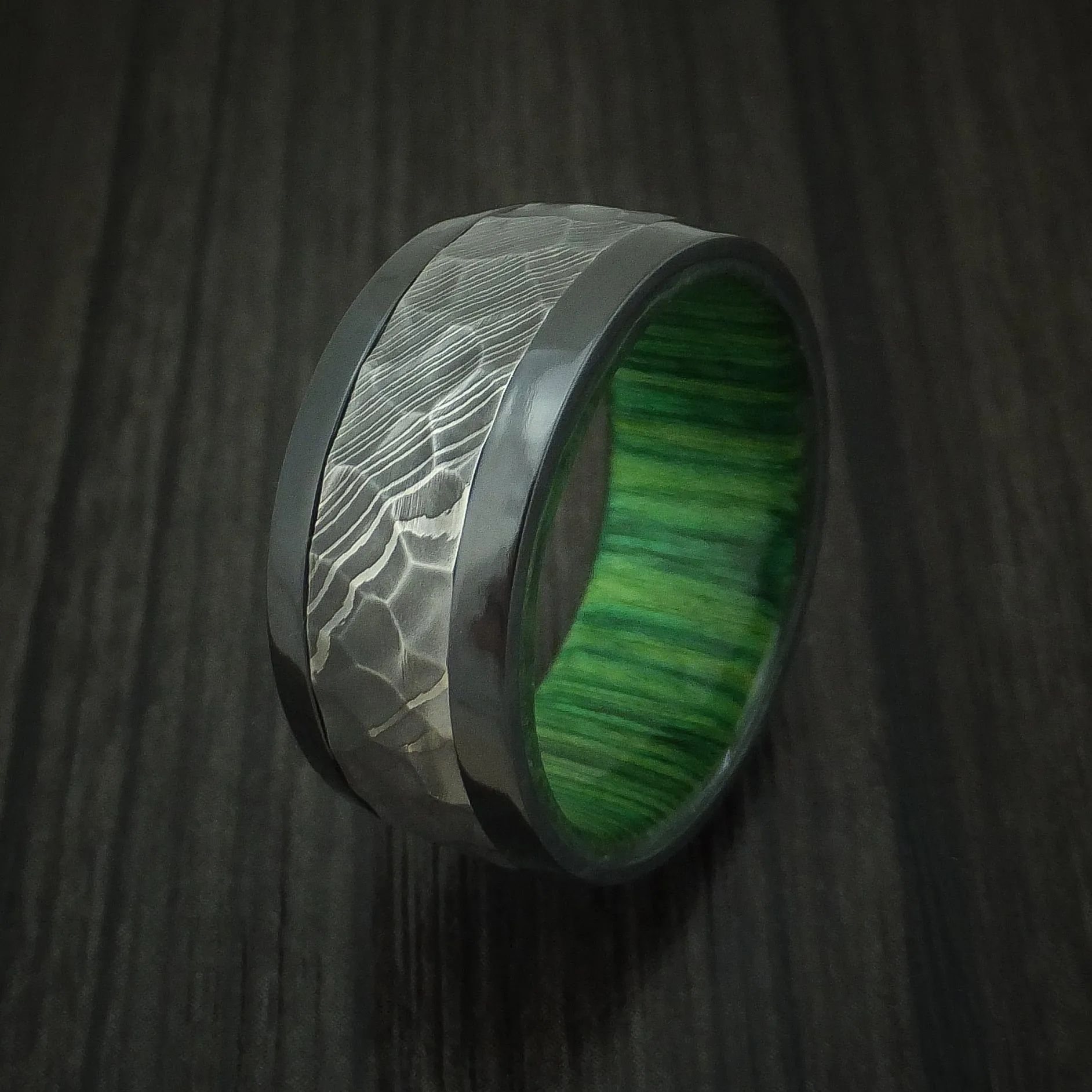 Black Titanium and Hammered Damascus Steel Band with Hardwood Sleeve Custom Made Men's Ring