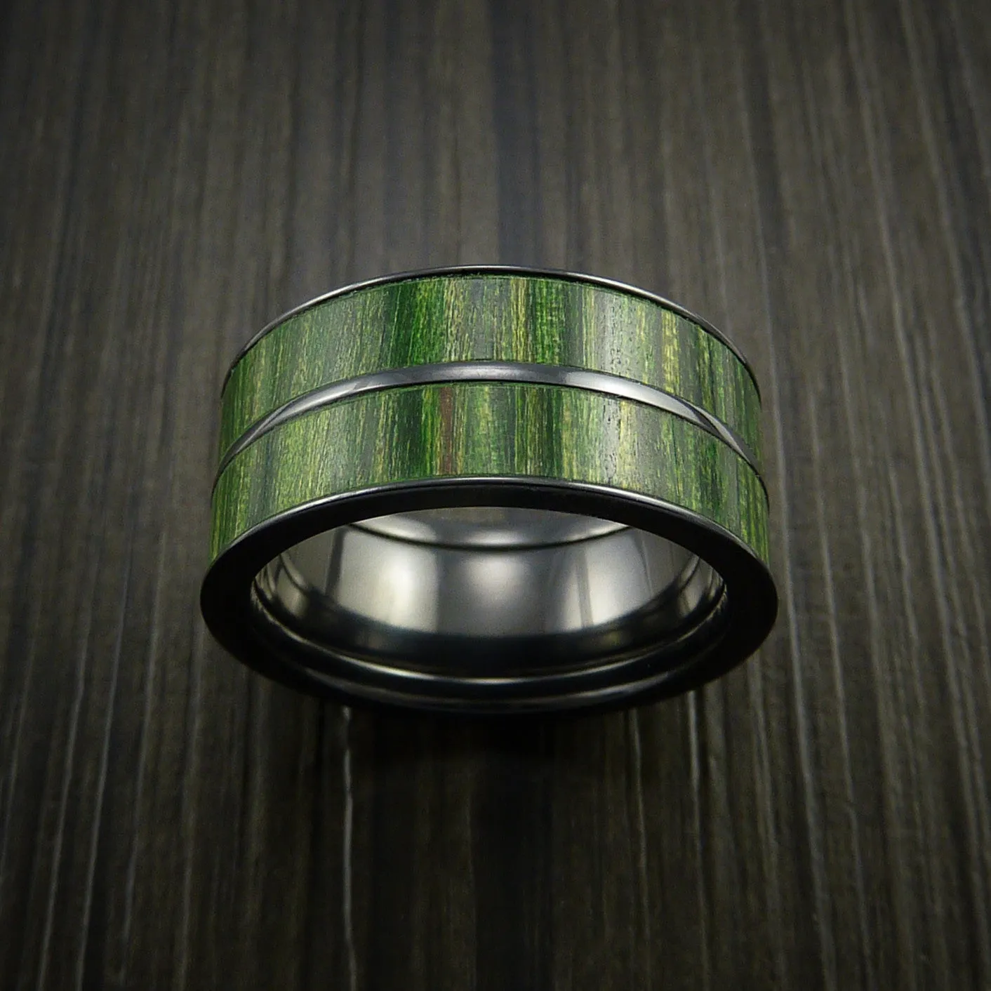 Black Titanium Men's Ring Inlaid with Jade Wood Custom Made