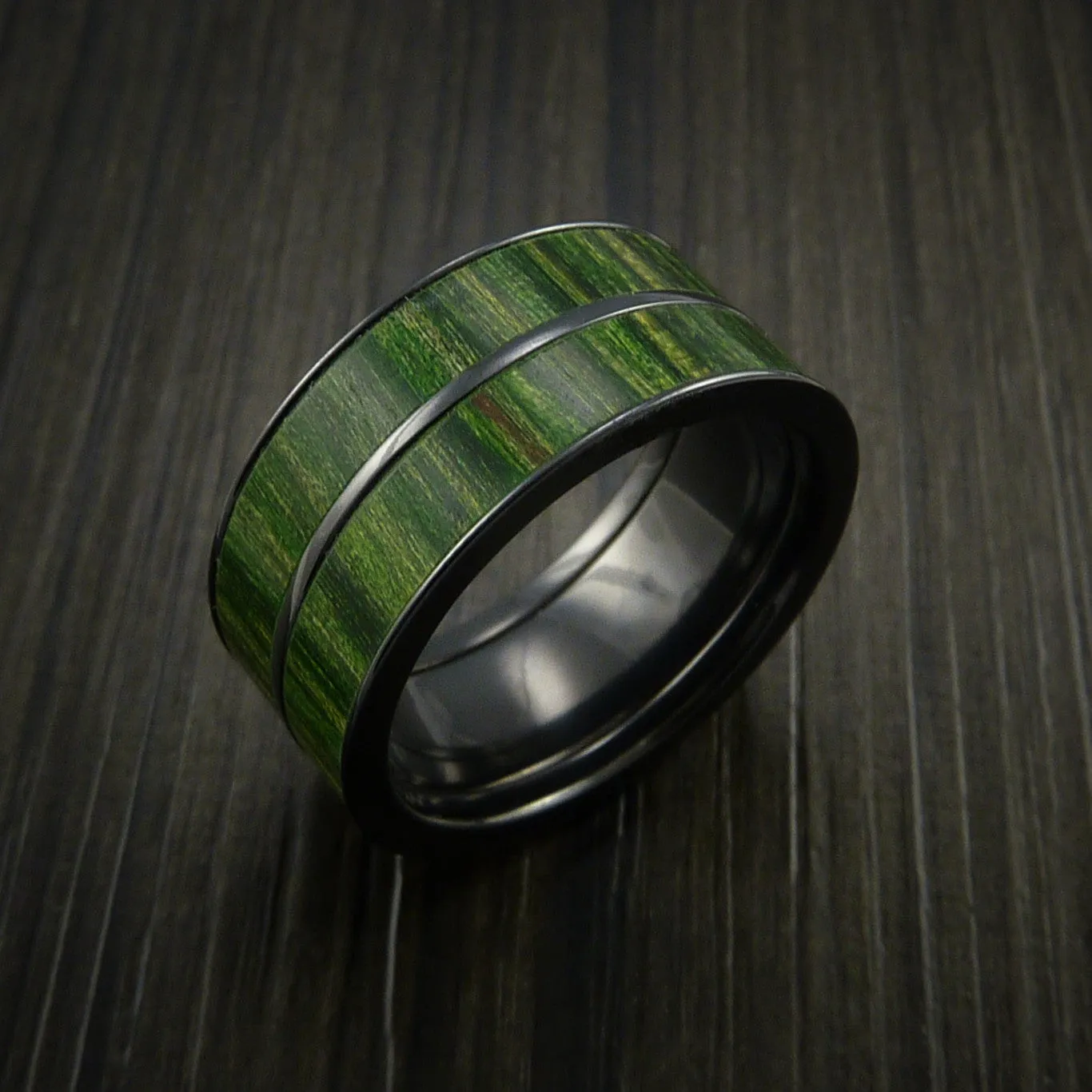 Black Titanium Men's Ring Inlaid with Jade Wood Custom Made