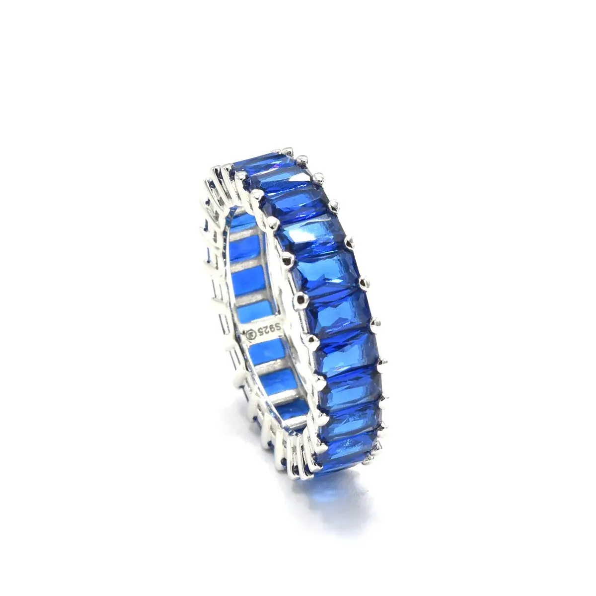 Blue Sapphire Eternity Ring Baguette Wedding Band Women's Sterling Silver Cubic Zirconia Luxury Women's Jewelry KESLEY