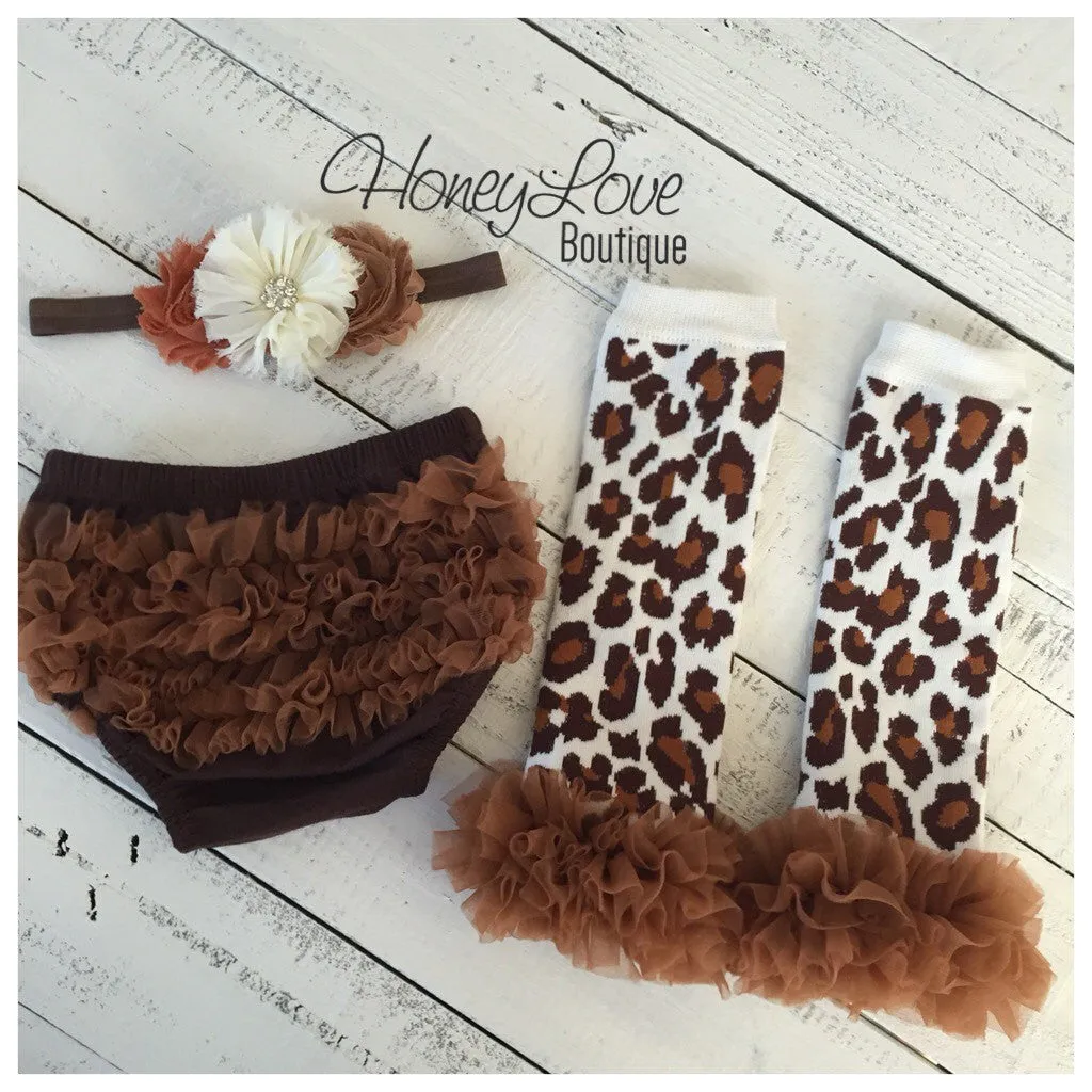 Brown ruffle bloomers diaper cover  - Leopard print ruffle bottom leg warmers - matching headband