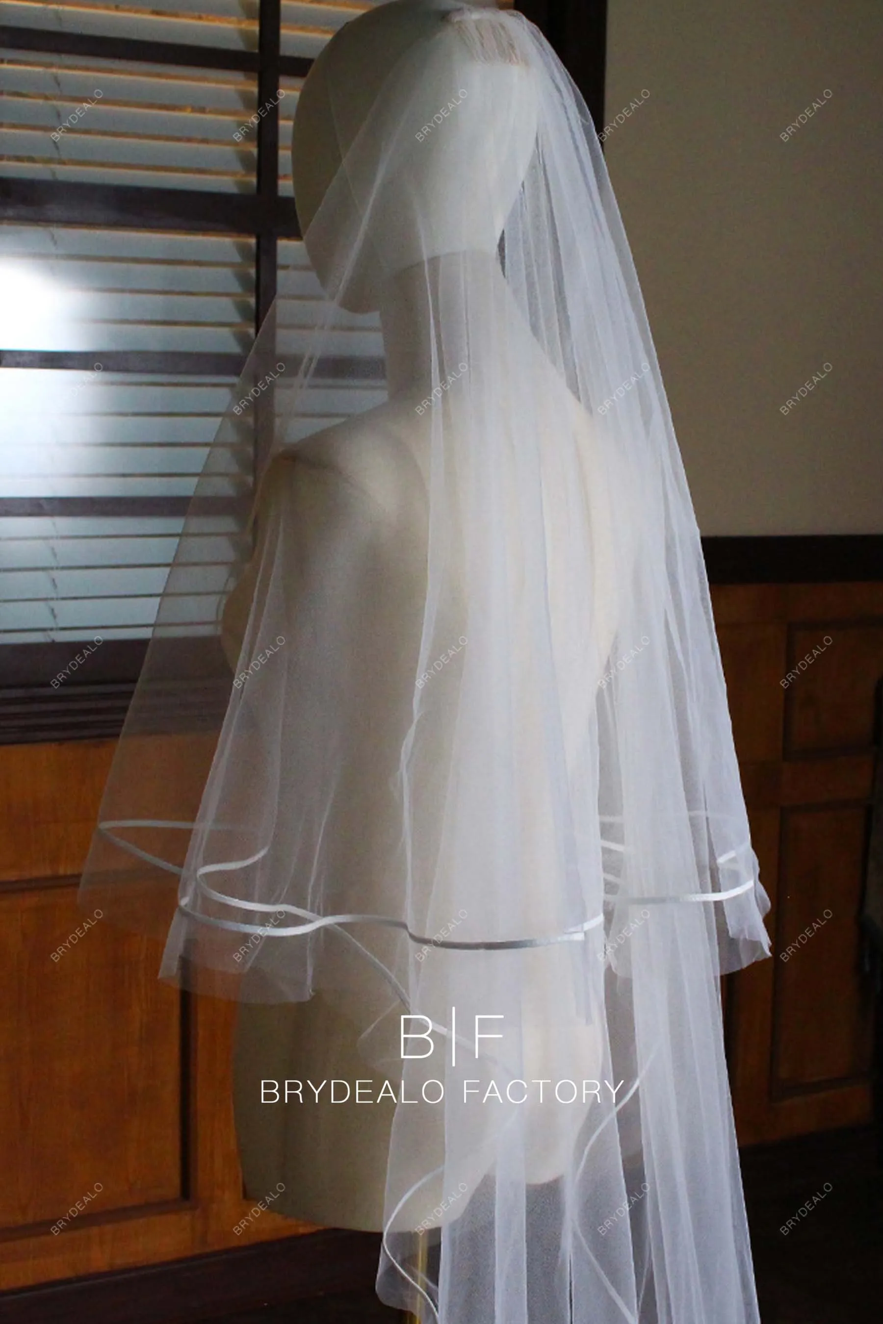 Cathedral Length Satin Ribbon Two Tiered Wholesale Long Drop Veil