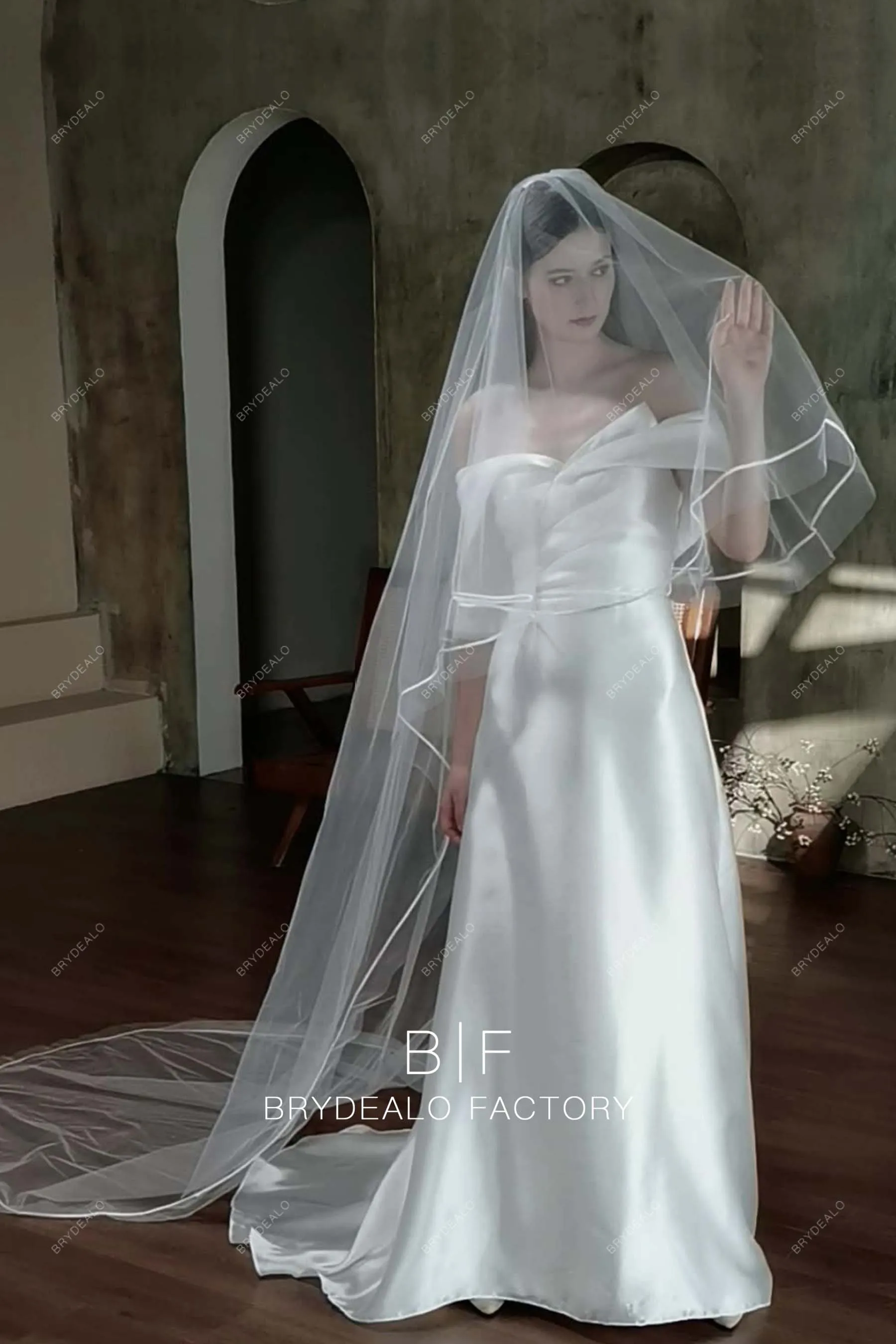 Cathedral Length Satin Ribbon Two Tiered Wholesale Long Drop Veil