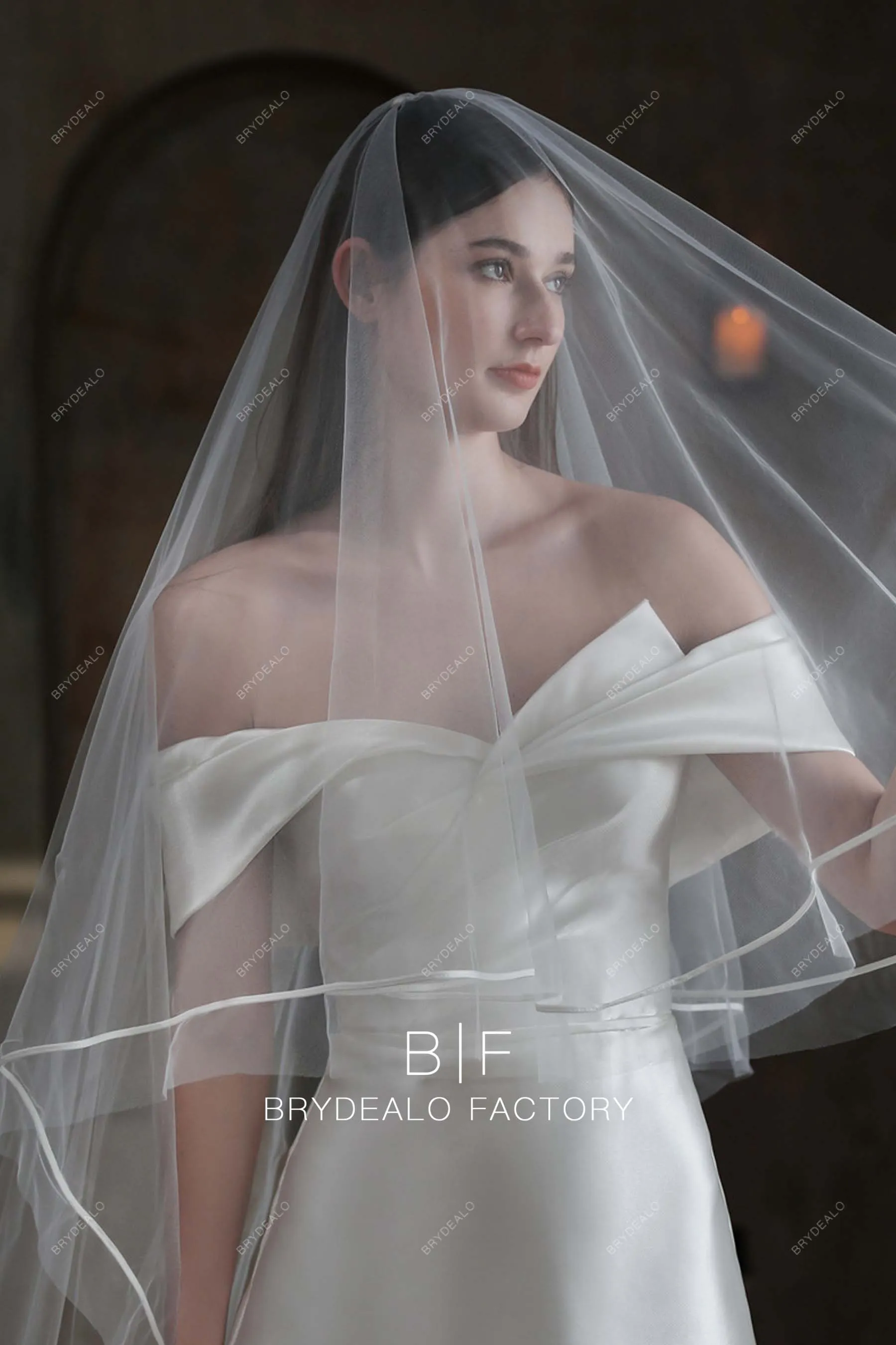 Cathedral Length Satin Ribbon Two Tiered Wholesale Long Drop Veil