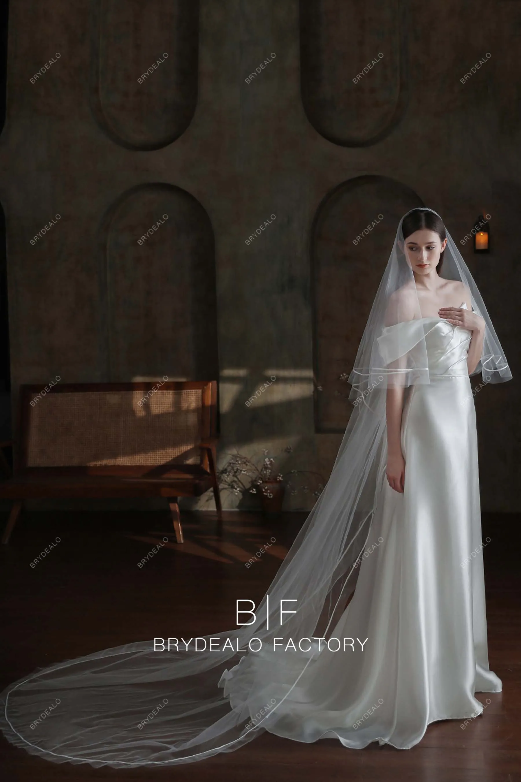 Cathedral Length Satin Ribbon Two Tiered Wholesale Long Drop Veil