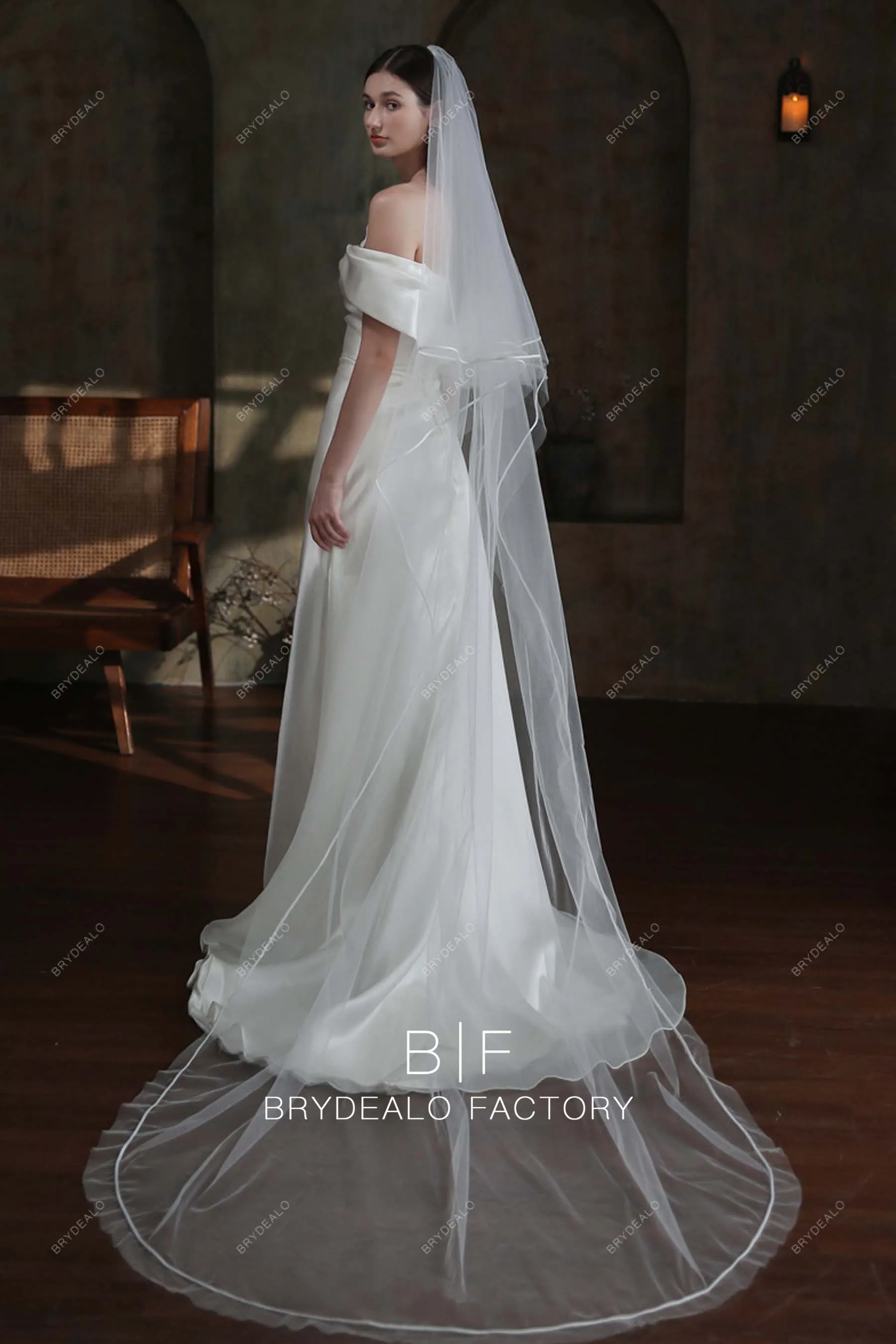 Cathedral Length Satin Ribbon Two Tiered Wholesale Long Drop Veil