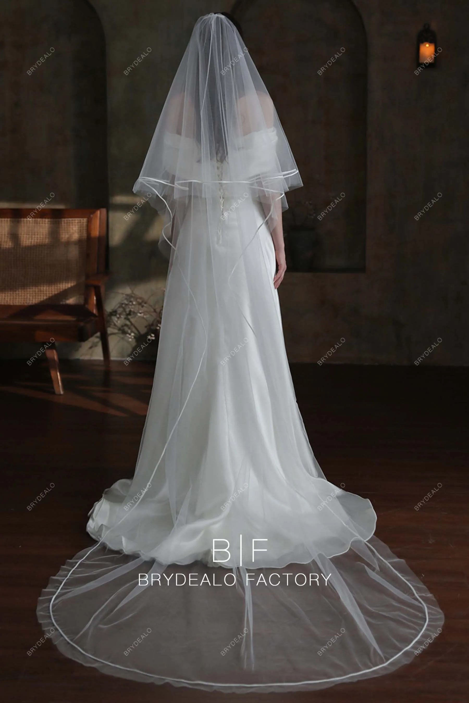 Cathedral Length Satin Ribbon Two Tiered Wholesale Long Drop Veil