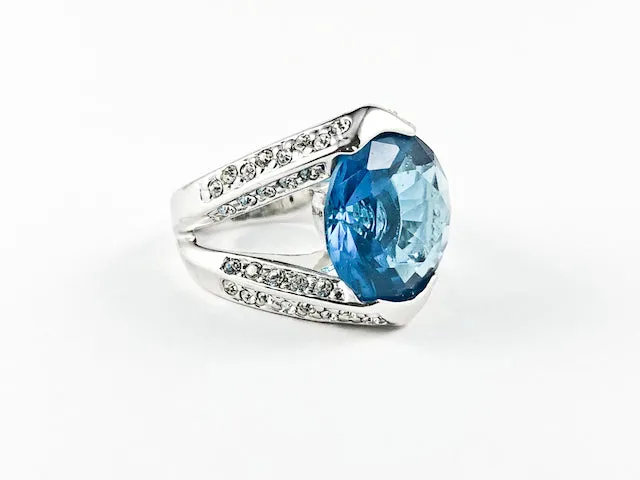 Classic Prong Style Round Center Aquamarine Color CZ Brass Ring