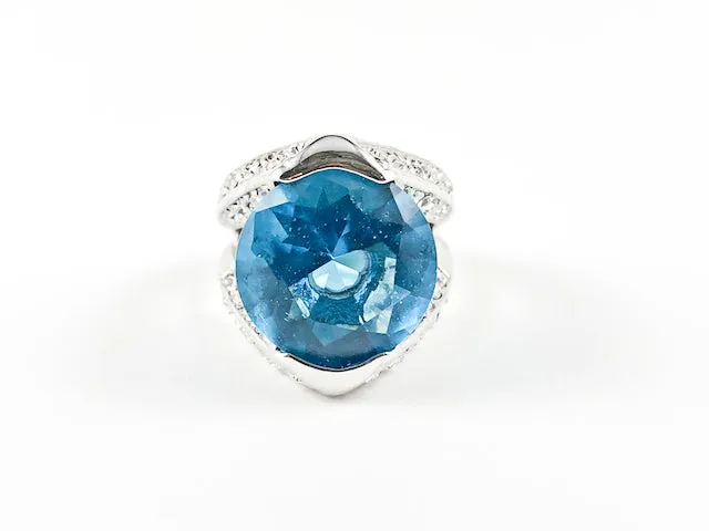 Classic Prong Style Round Center Aquamarine Color CZ Brass Ring