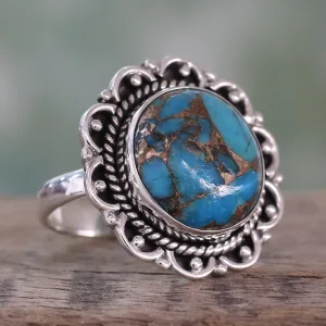 Composite Turquoise Ring with Sterling Silver Petals - Golden Aqua Swirls | NOVICA