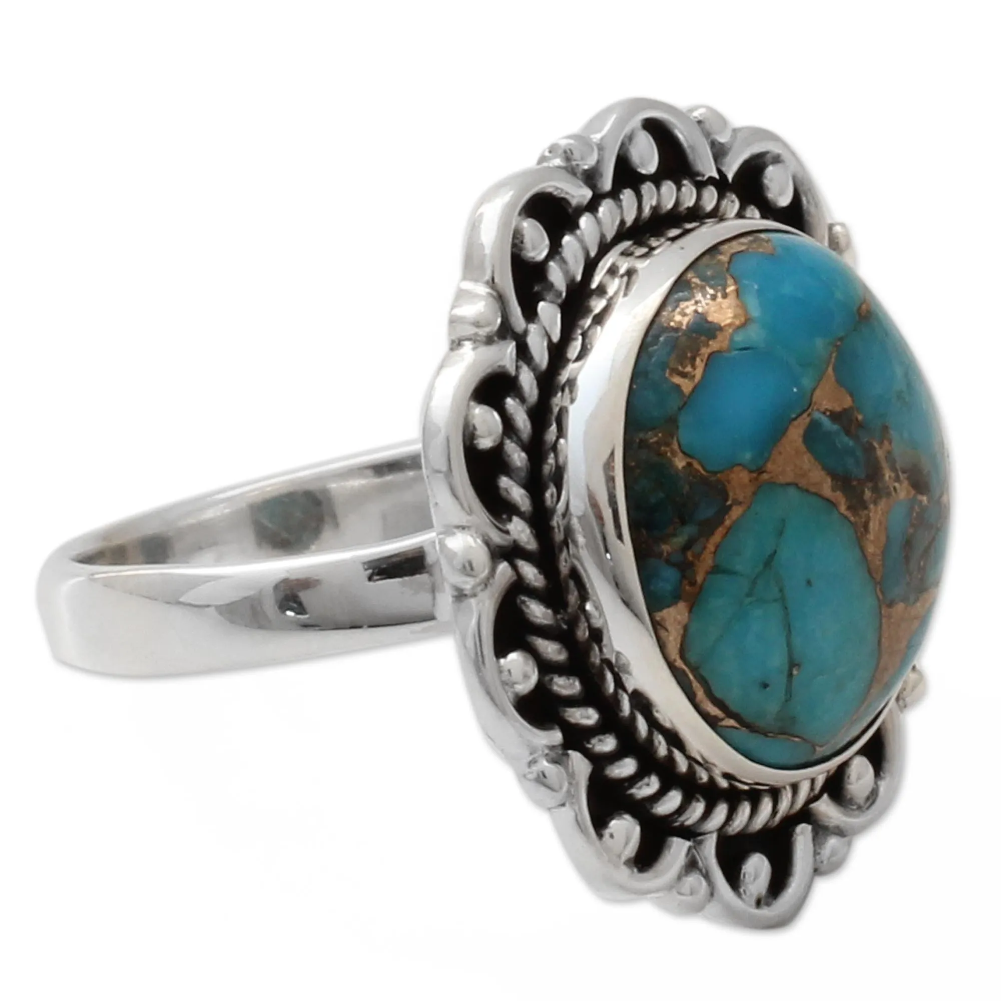 Composite Turquoise Ring with Sterling Silver Petals - Golden Aqua Swirls | NOVICA