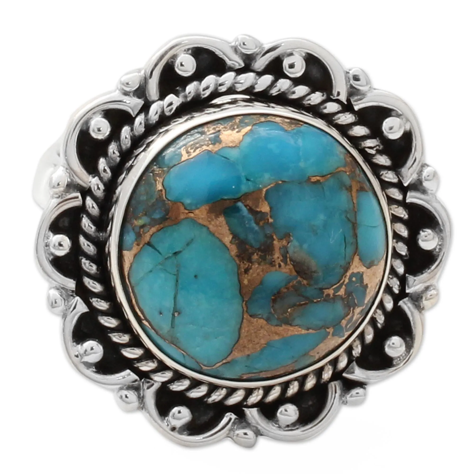 Composite Turquoise Ring with Sterling Silver Petals - Golden Aqua Swirls | NOVICA