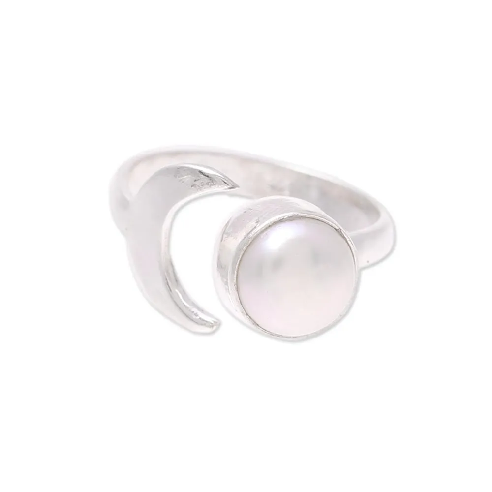 Cultured Pearl Crescent Wrap Ring from India - Gleaming Crescent | NOVICA