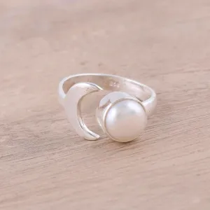 Cultured Pearl Crescent Wrap Ring from India - Gleaming Crescent | NOVICA