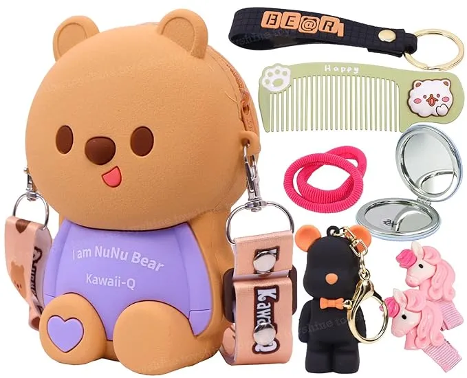 Cute Bear Combo For Kids With Mirror, Comb and Silicon Keychain - Lilac